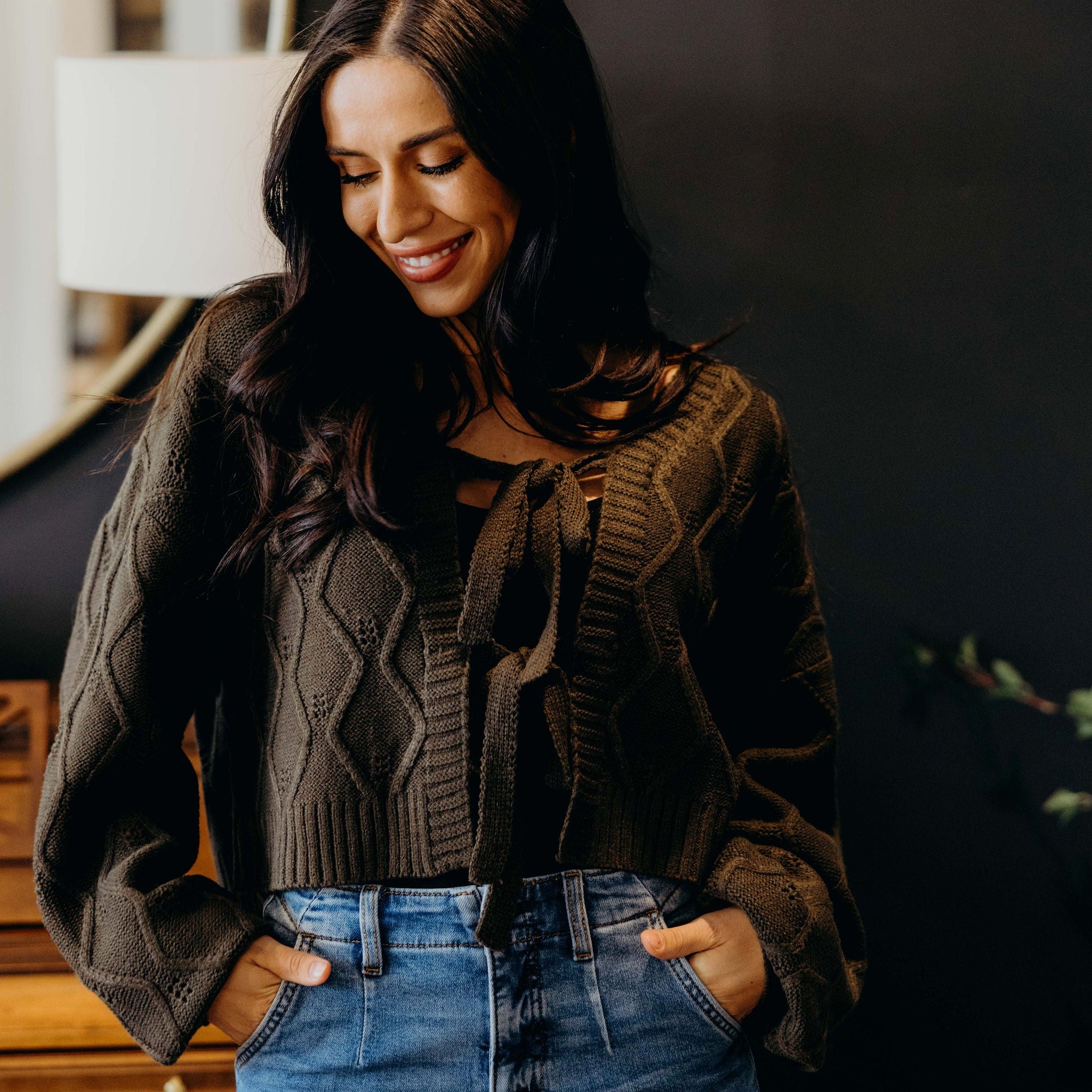 KNOTTED LONG SLEEVE CARDIGAN IN THYME LEAF