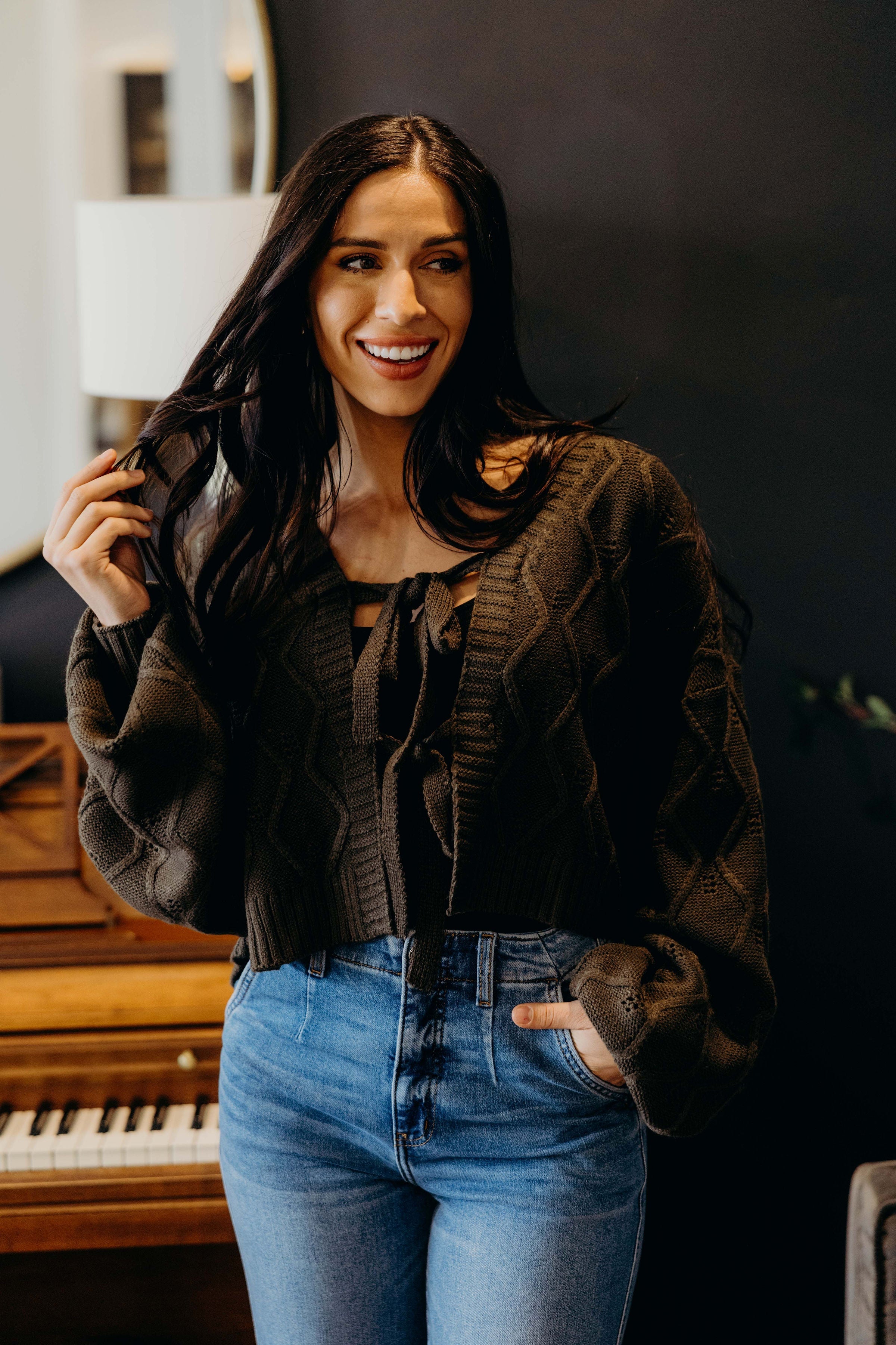 KNOTTED LONG SLEEVE CARDIGAN IN THYME LEAF