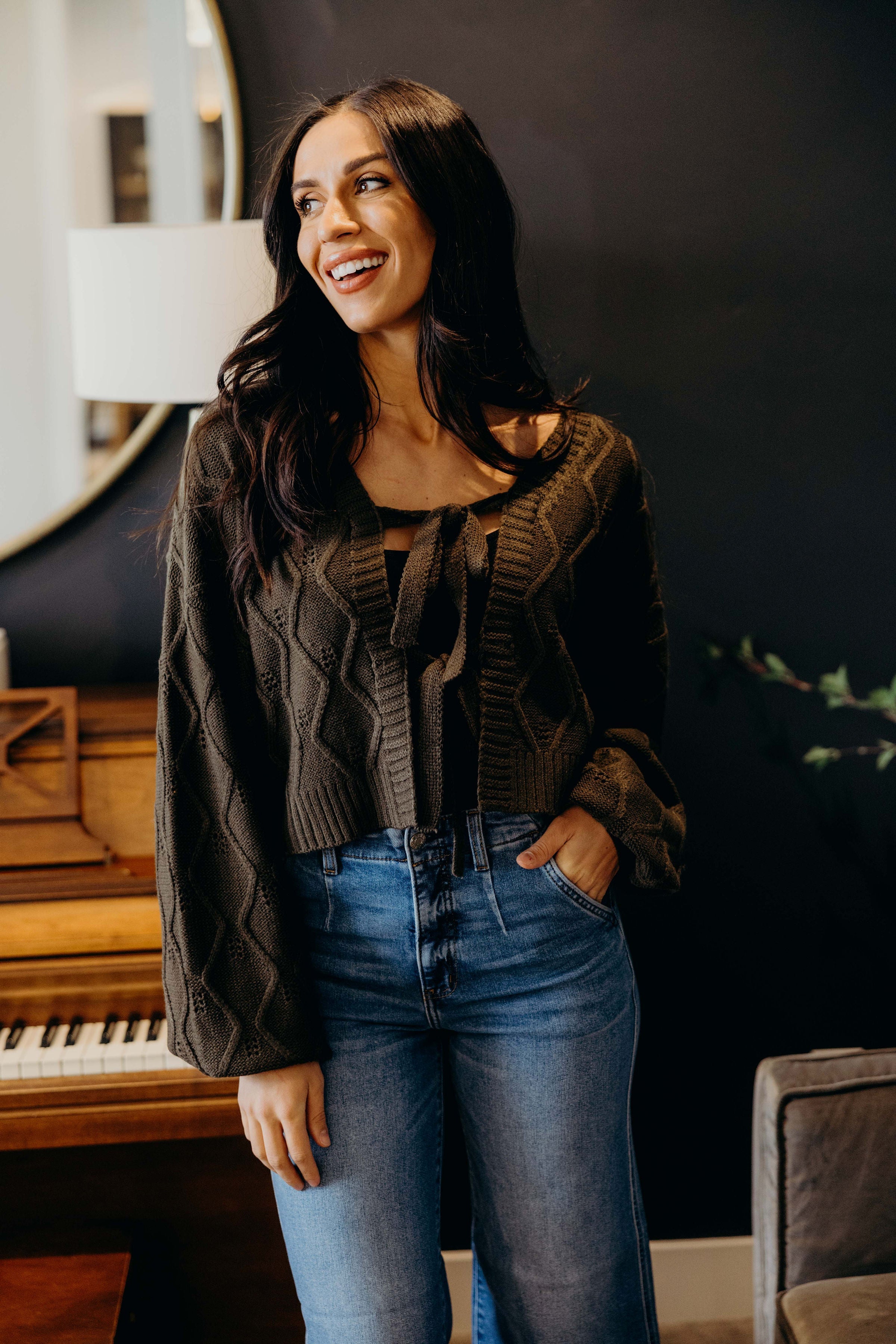 KNOTTED LONG SLEEVE CARDIGAN IN THYME LEAF