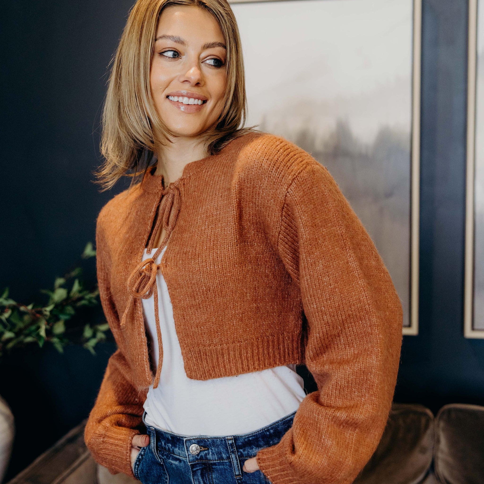 BOW FRONT CROP SWEATER IN HEATHERED PUMPKIN FINAL SALE