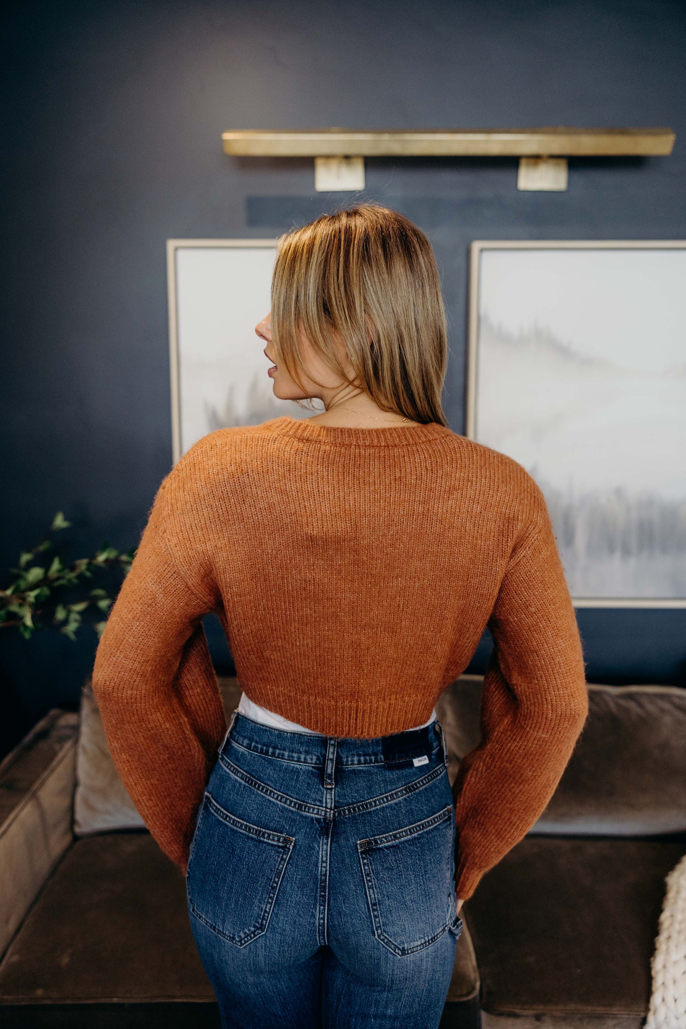 BOW FRONT CROP SWEATER IN HEATHERED PUMPKIN FINAL SALE