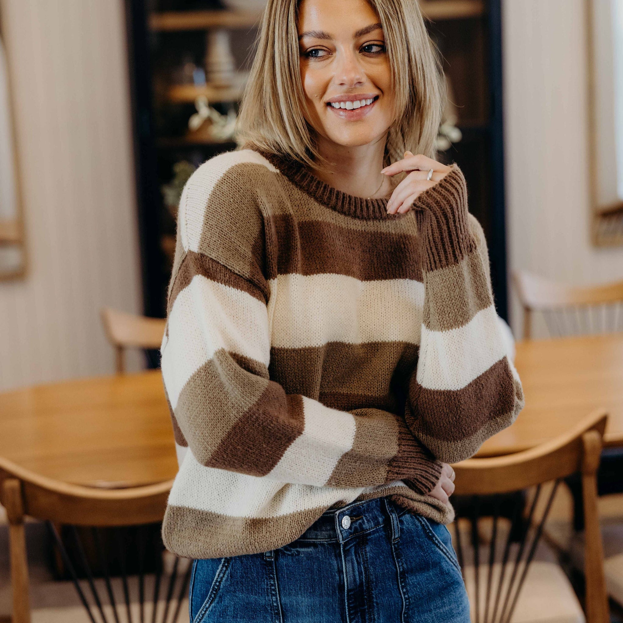 STRIPED CHUNKY SWEATER IN BROWN VARSITY