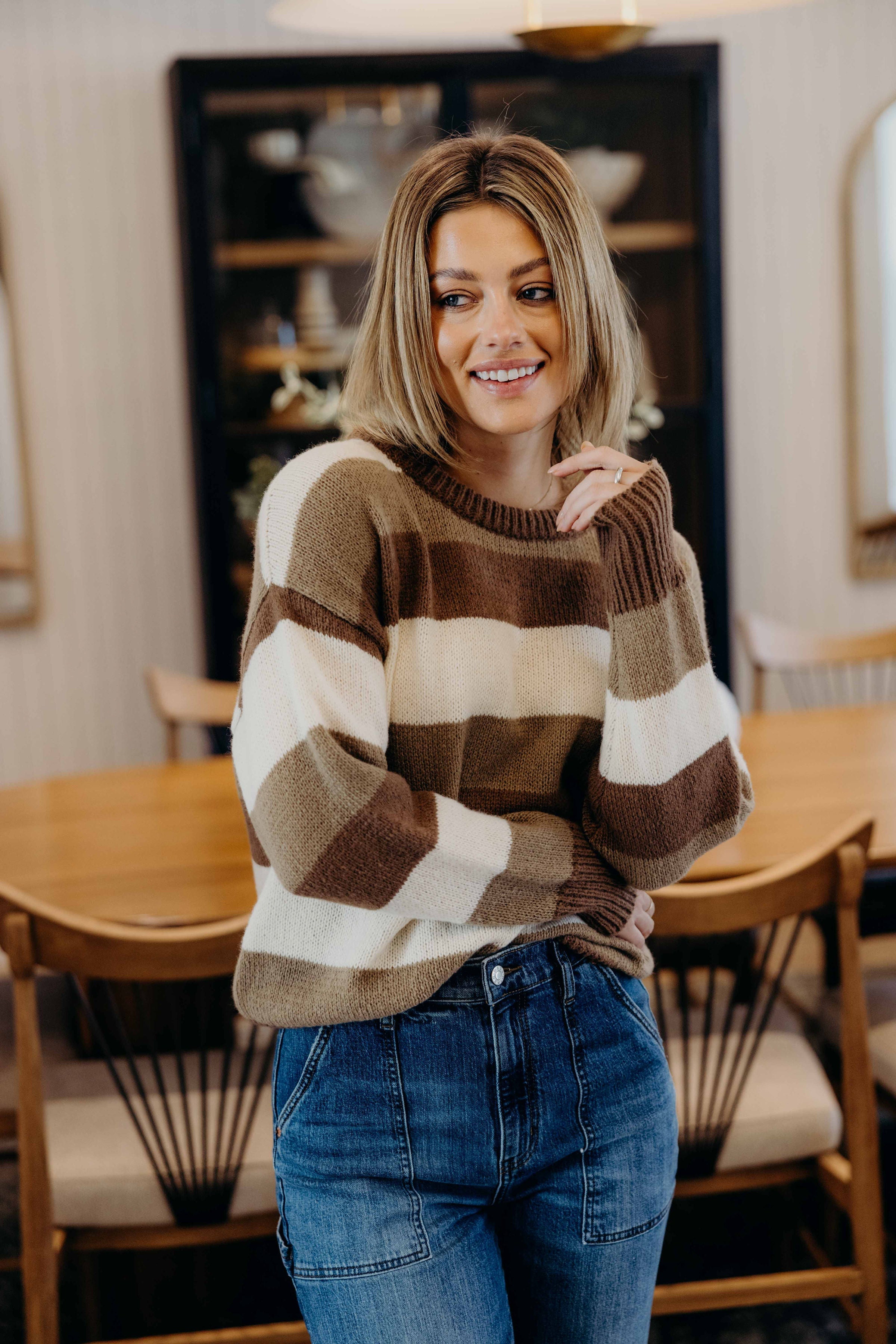 STRIPED CHUNKY SWEATER IN BROWN VARSITY