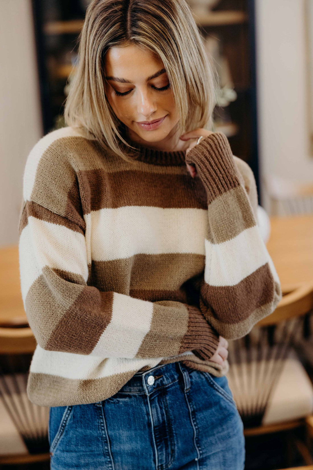 STRIPED CHUNKY SWEATER IN BROWN VARSITY