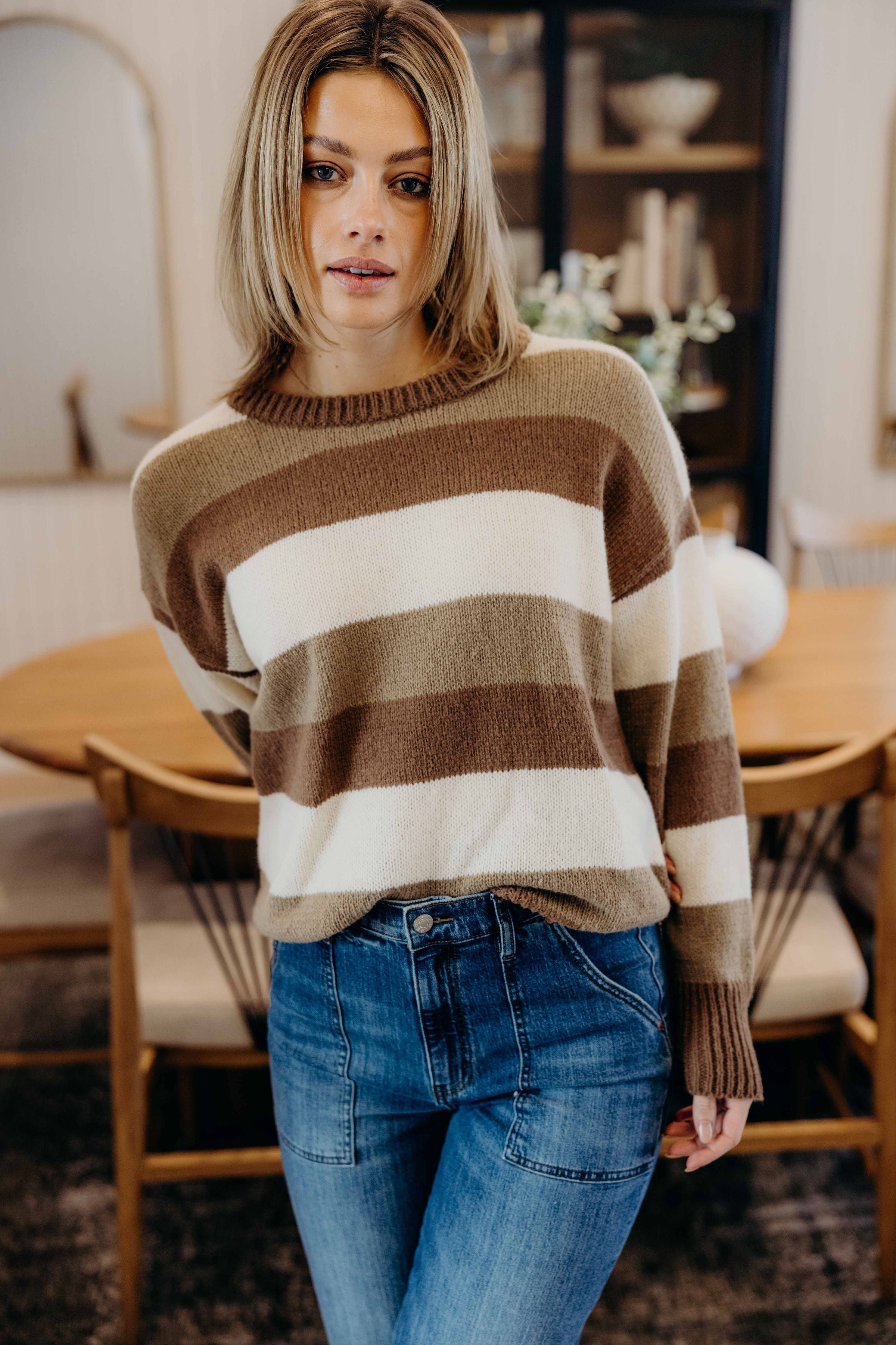 STRIPED CHUNKY SWEATER IN BROWN VARSITY