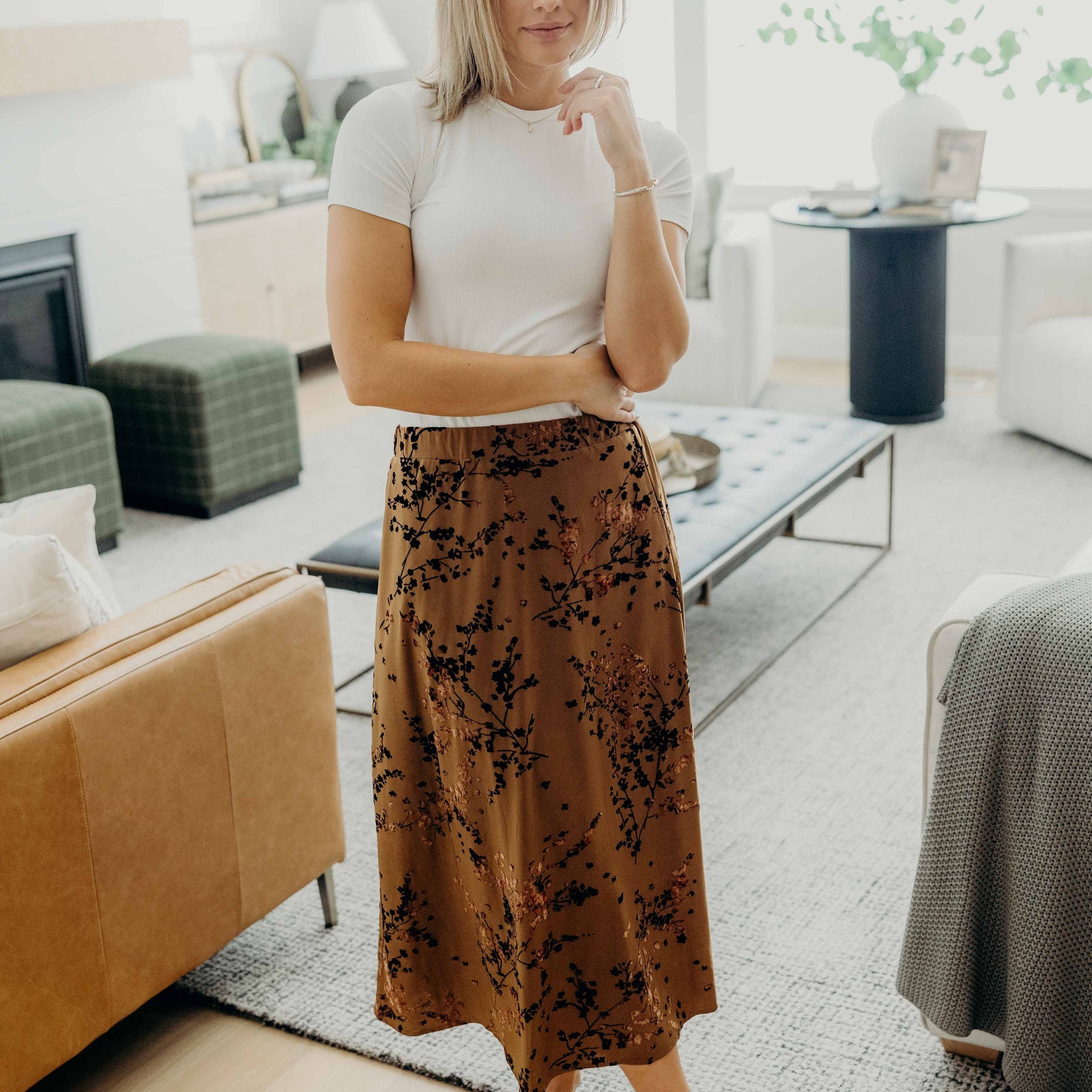 MIDI SLIP SKIRT IN LUXE BLOSSOM