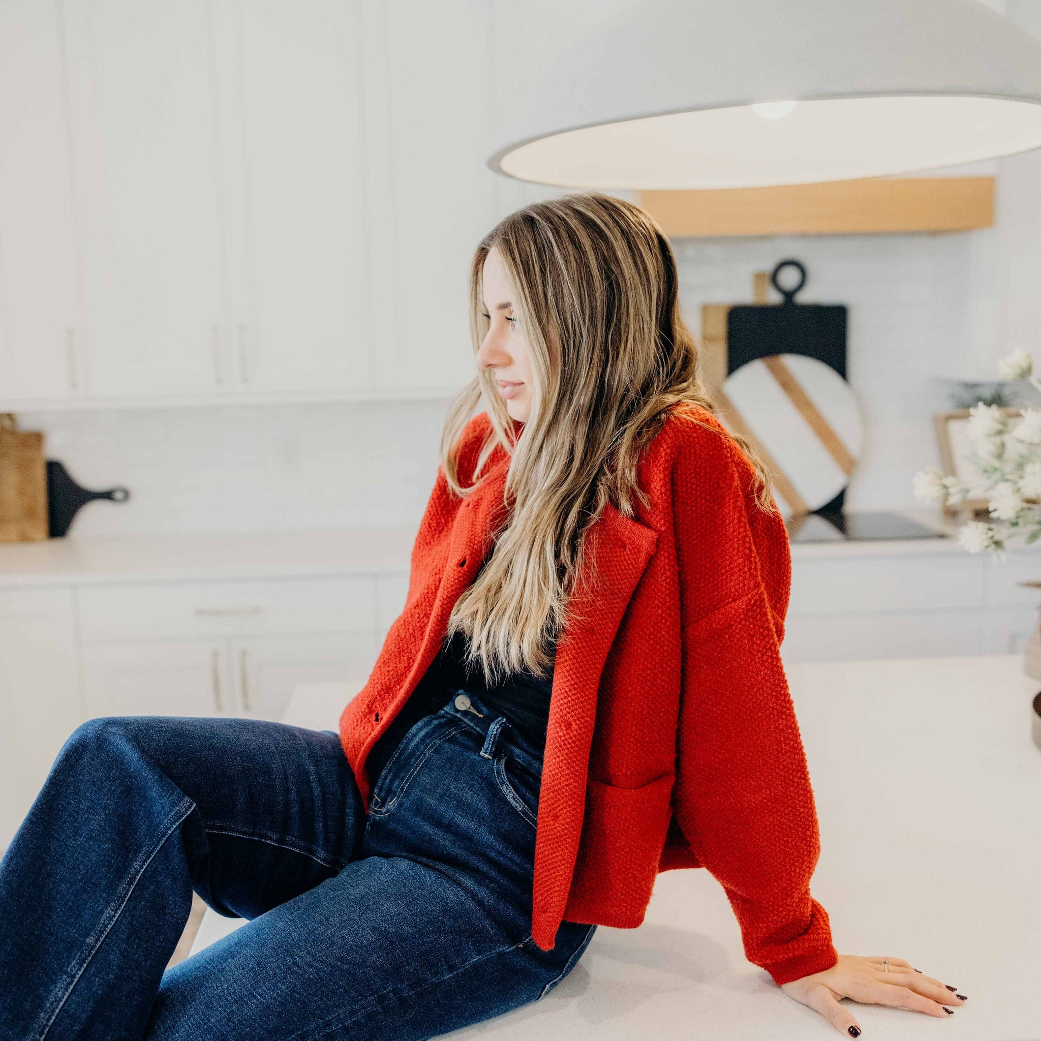 BUTTON FRONT CARDI IN RIBBON RED