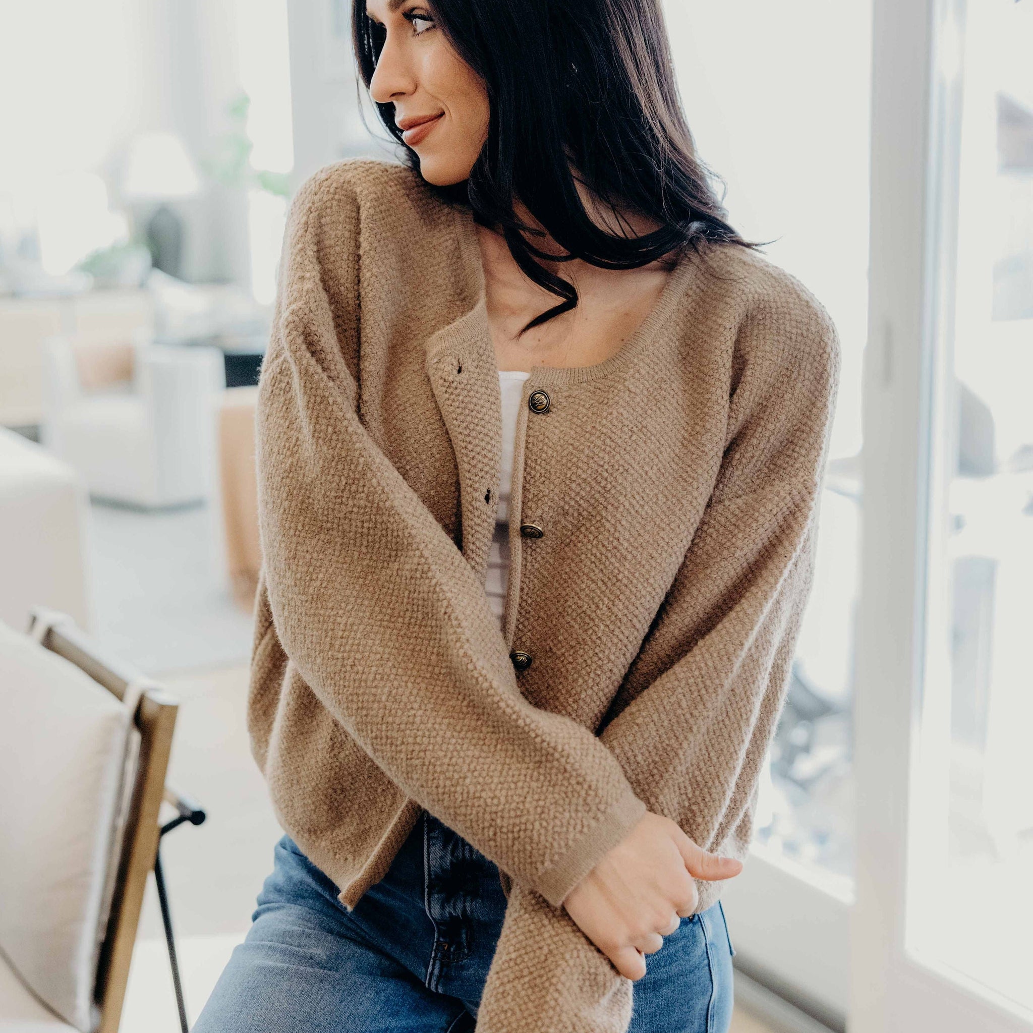 BUTTON FRONT CARDI IN SESAME