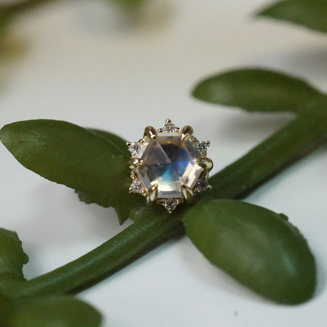 Hexagon Gemstone 6 Claw Prong and Diamond Accent