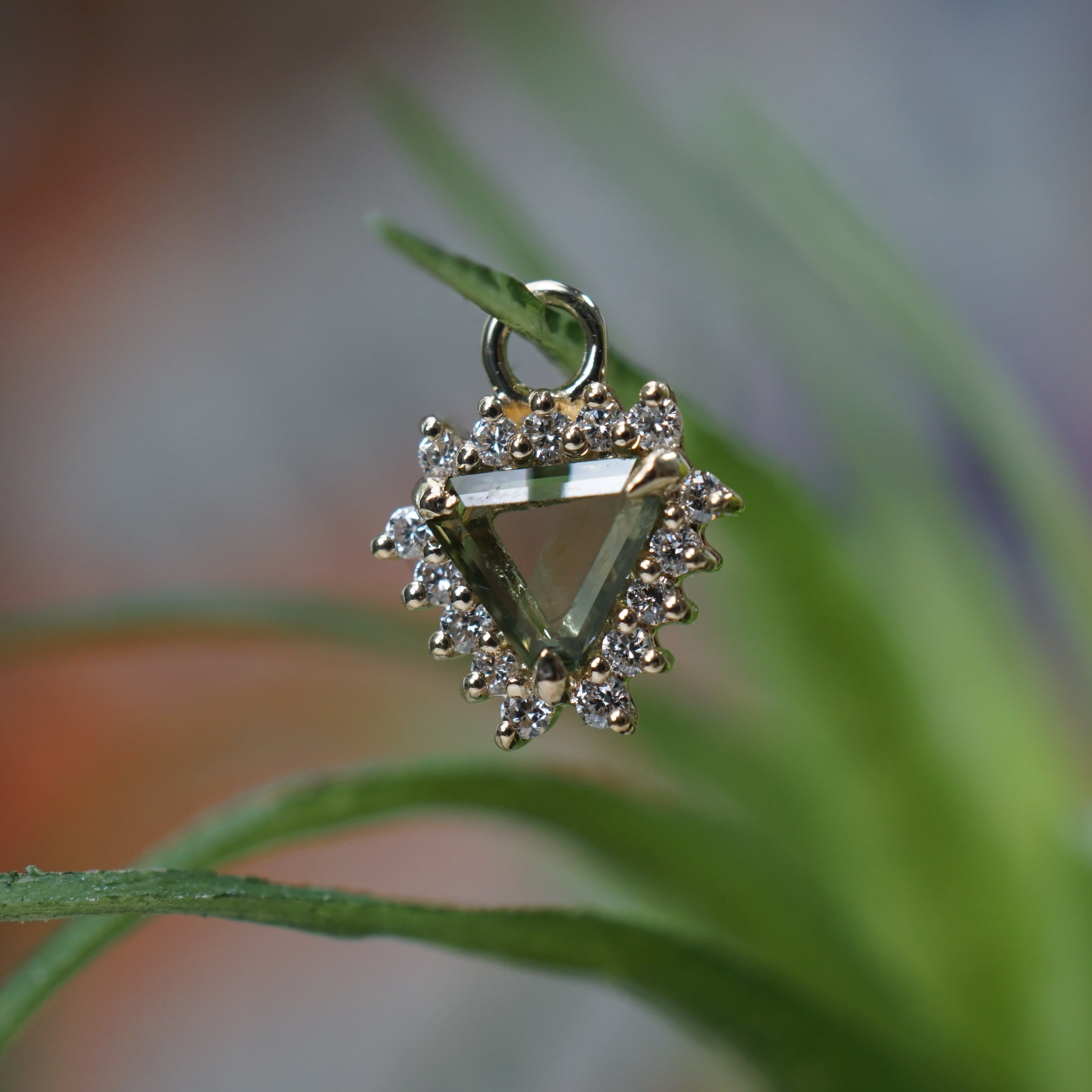 Greenish Blue Sapphire Charm with Diamond Halo Freeform One-Of-A-Kind