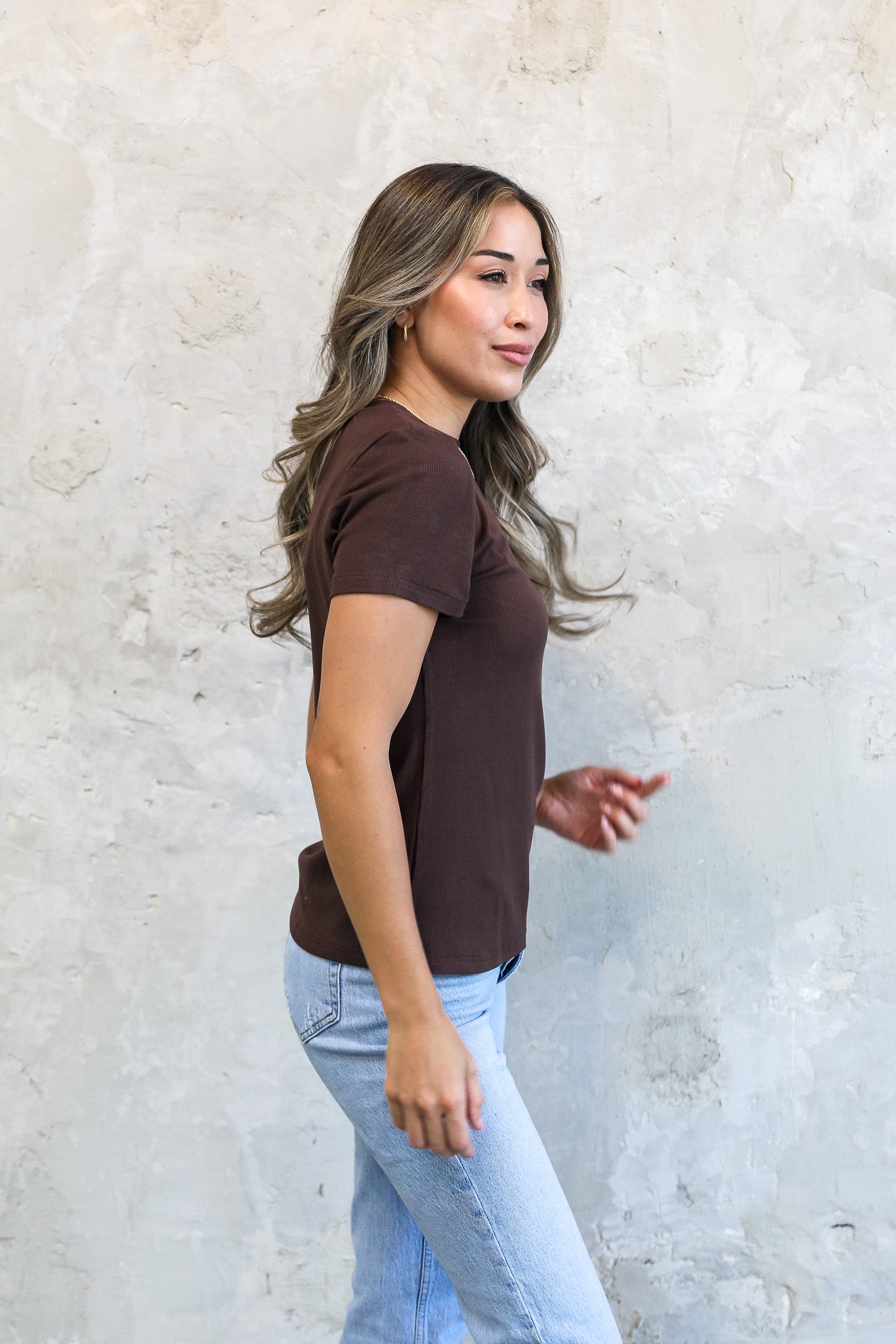 SHORT SLEEVE RIBBED TEE IN TRUFFLE BROWN FINAL SALE