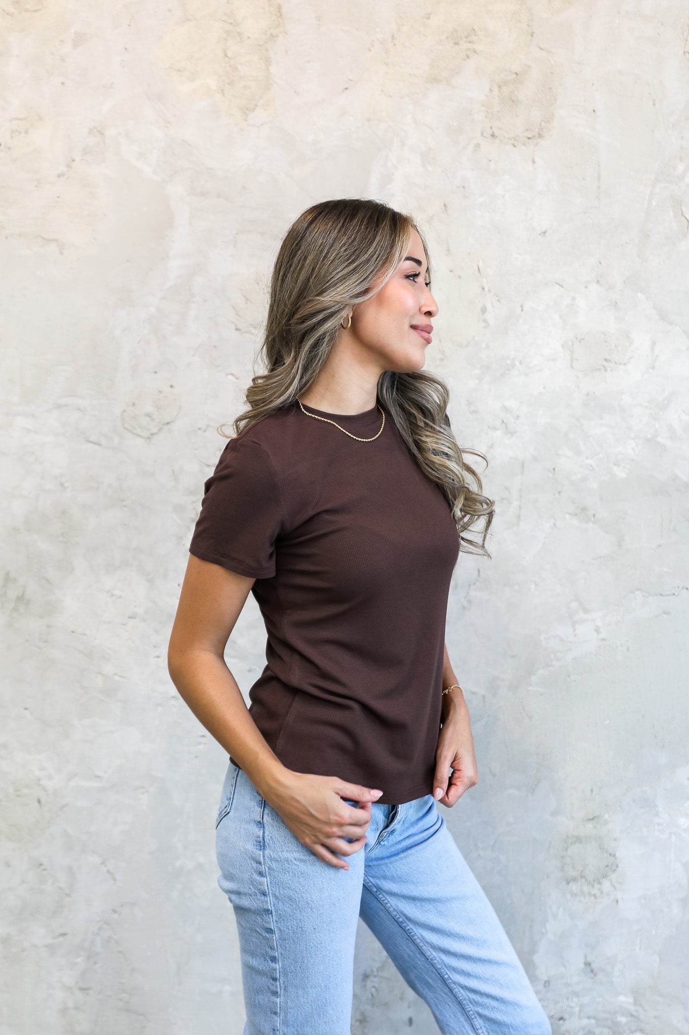 SHORT SLEEVE RIBBED TEE IN TRUFFLE BROWN FINAL SALE